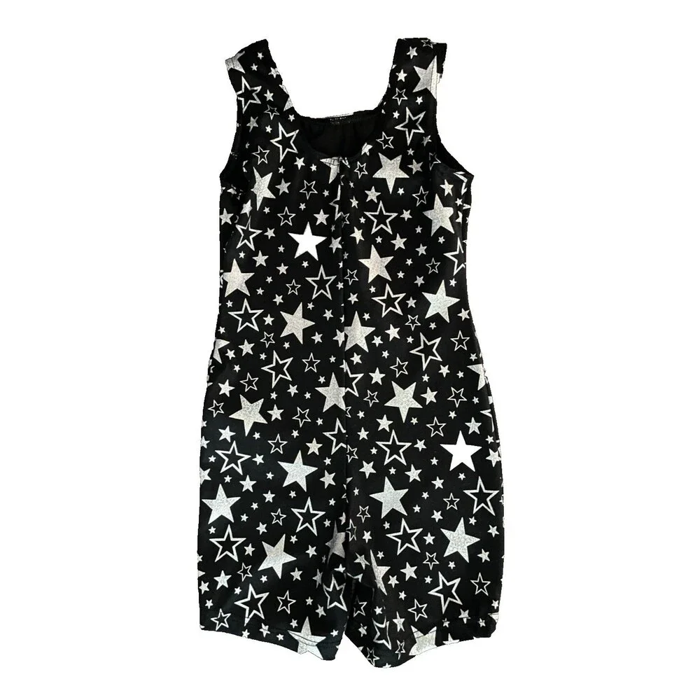 WEISSMAN Girls UNITARD Leotard Gymnastics Dance BLACK Silver STARS Sz MC (10/12)